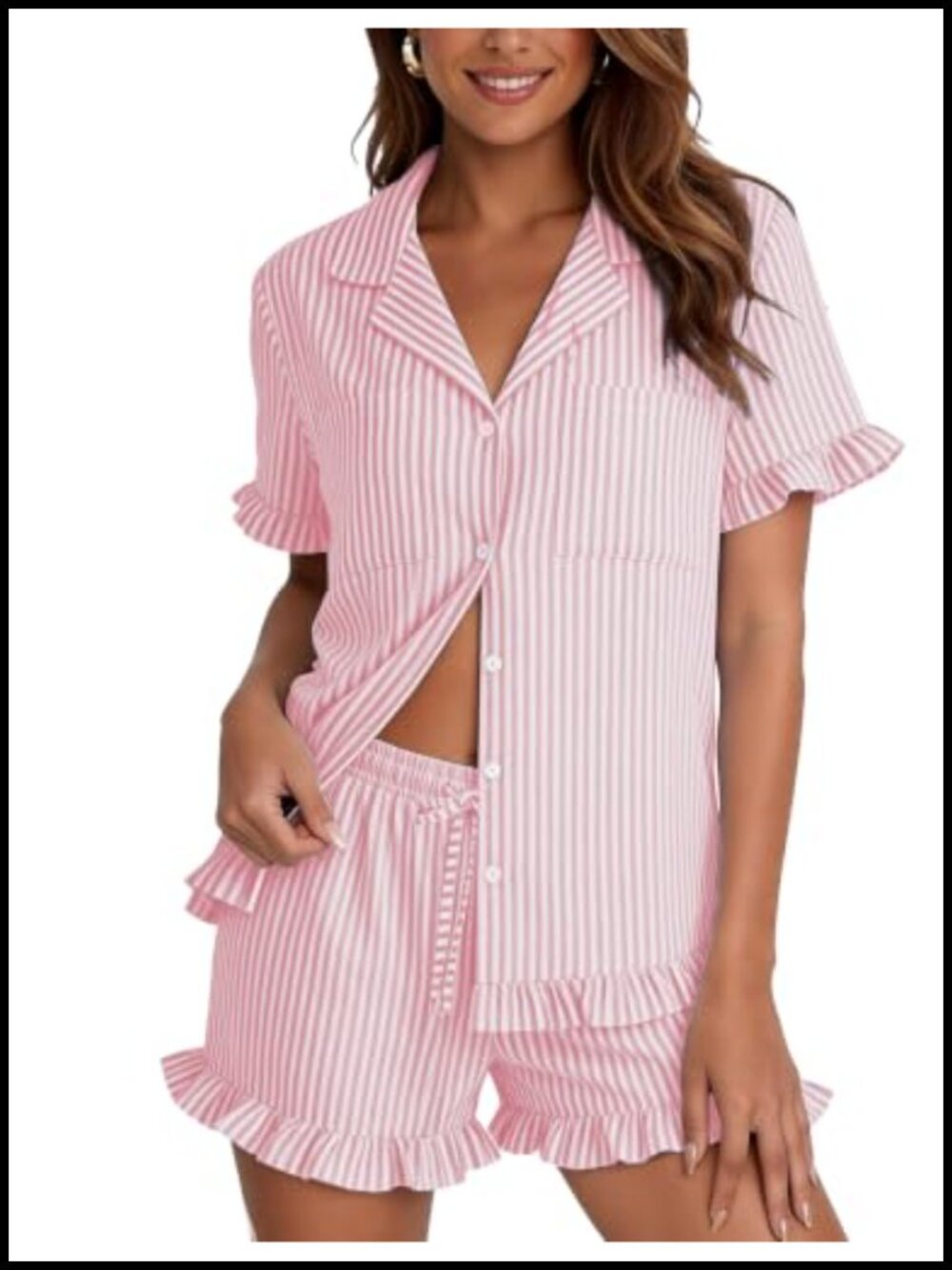 Womens 100% Cotton Striped Ruffle Pajama Set Button Down Lounge